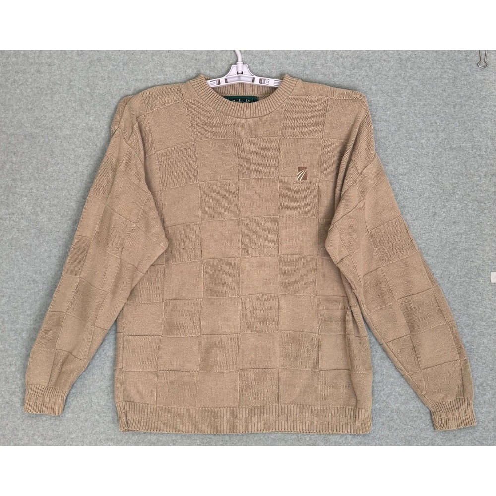 Dunbrooke Crewneck Sweater Mens Large Tan Checkerboard Textured Knit Cushman USA